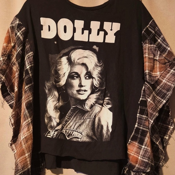 Tops - Dolly Parton Icon upcycled women Poncho top, partially bleached flannel